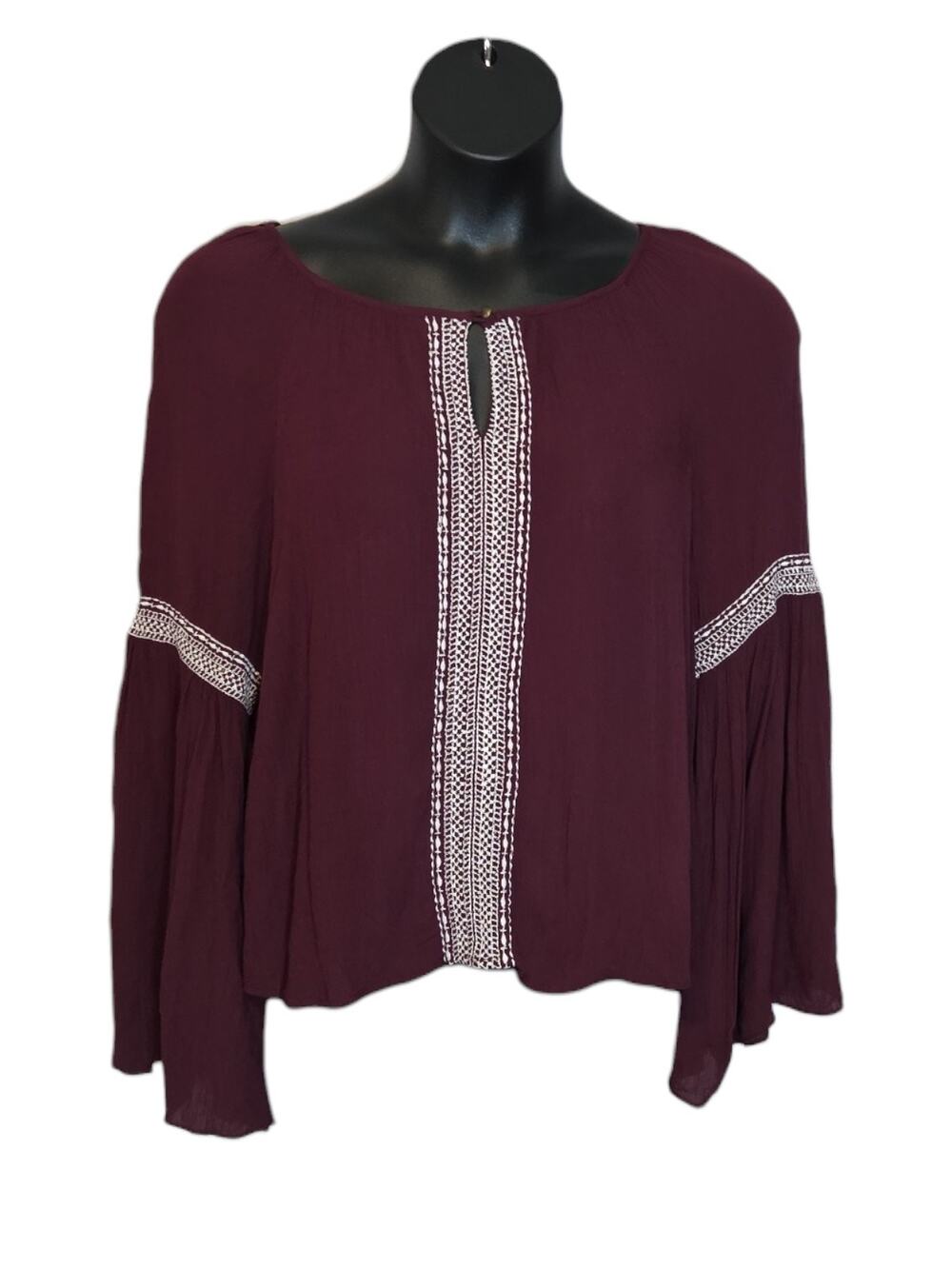Patrons of Peace Boho Embroidered Bell Sleeve Top Burgundy Medium Keyhole